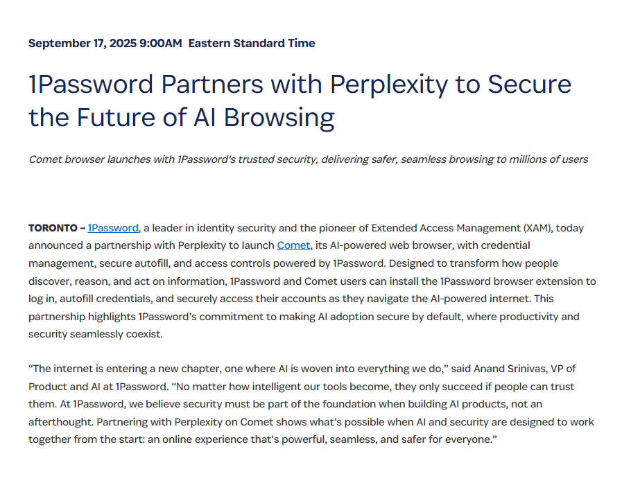 ​AI 浏览器 Comet 与1Password 联手，提升网络安全新体验